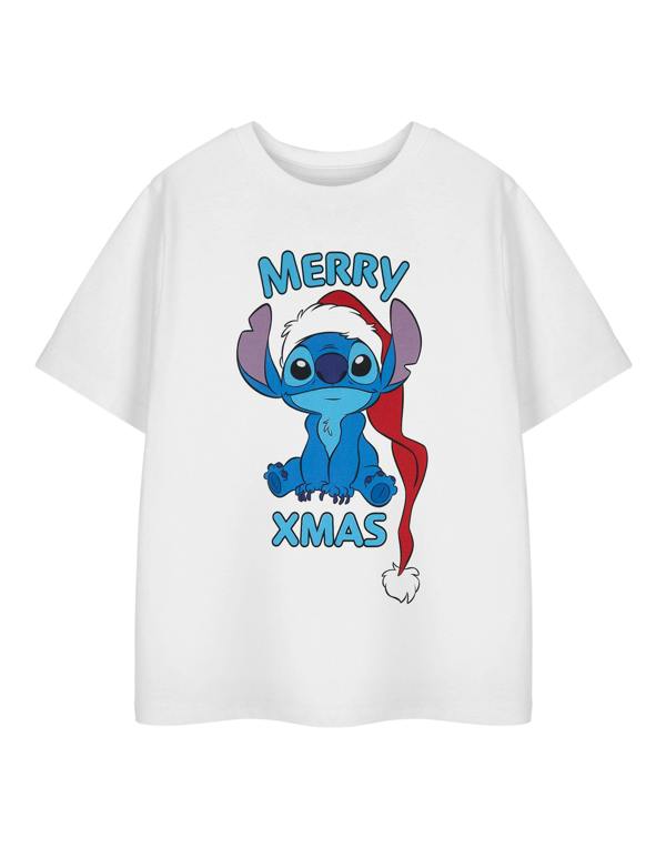 Disney Lilo & Stitch Girls White Merry Xmas Short Sleeved T-Shirt