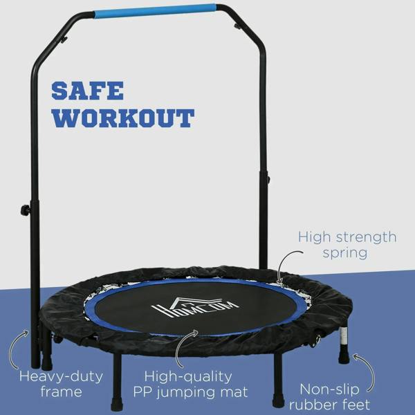 Mini trampoline with non-slip rubber feet, blue ring mat, and foam handle frame