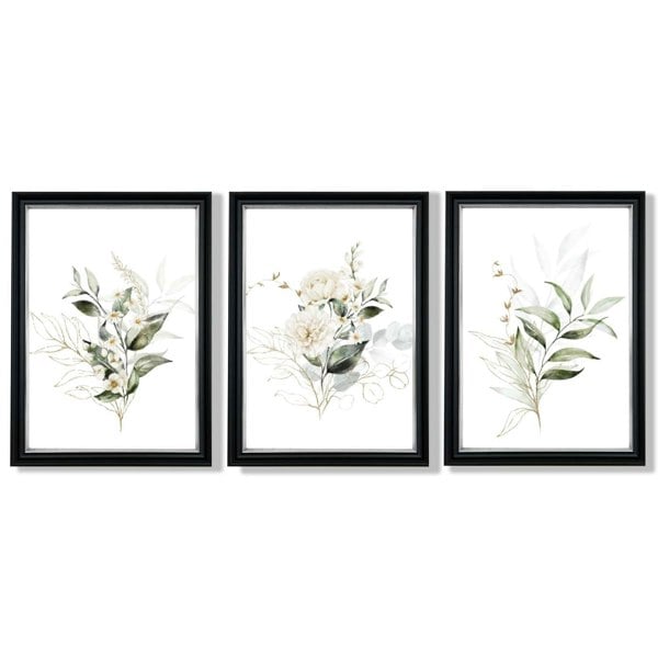 White an Green Floral Bouquets Set of 3 Framed Art Prints with Vermeer Black and Silver Frames