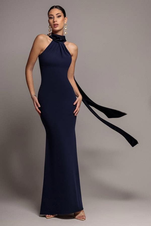 Scuba & Velvet Satin Cape Sleeve Halterneck Maxi Dress - Navy Blue DR4973