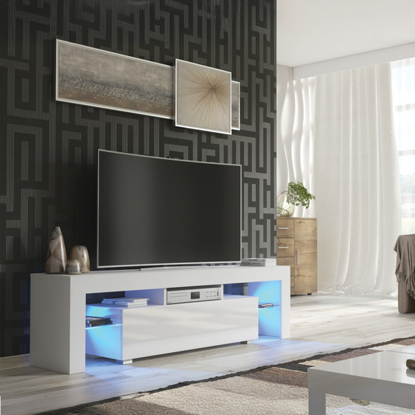 Mex Furniture Chic 160cm TV Unit – Modern TV Stand Cabinet with White High Gloss Doors and Free LED