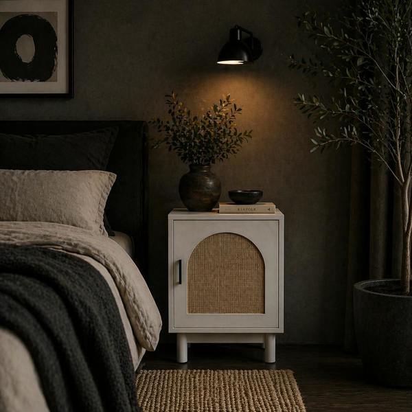 Wyld Haus Luna White Wooden Rattan Bedside Table With Door