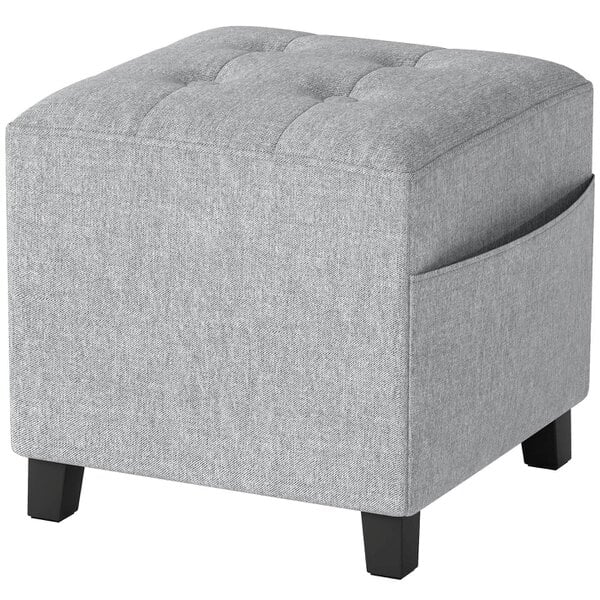 Wyld Haus Linen Light Grey Compact Square Footstool With Side Pocket And Black Wooden Legs