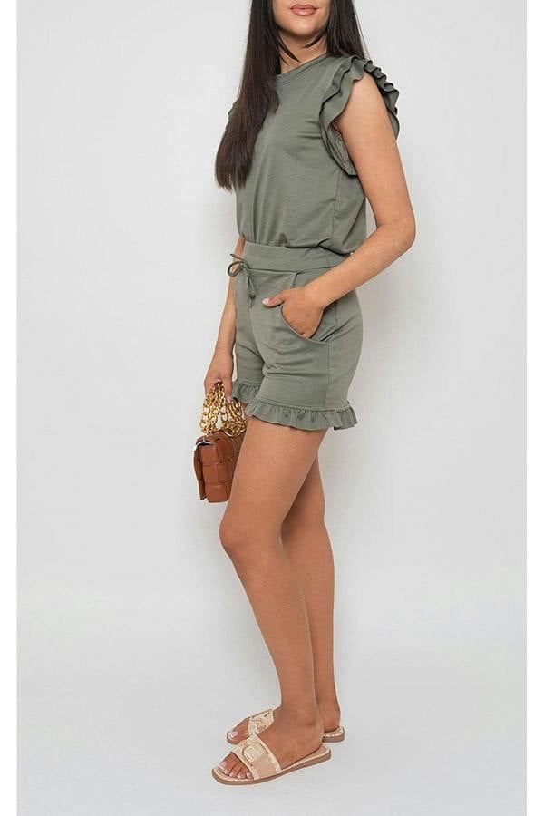 Avie Plain Frill Peplum Sleeve Top Shorts Co-ord Set - Khaki