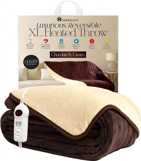 Homefront Extra Large Electric Heated Throw in Chocolate and Cream Easy To Use, Digital Control - Machine Washable