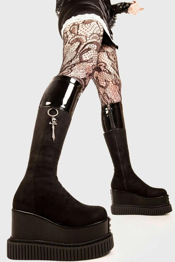 Lamoda Chunky Knee High Boots Round Toe Platform Heel with Zipper Black, Boots