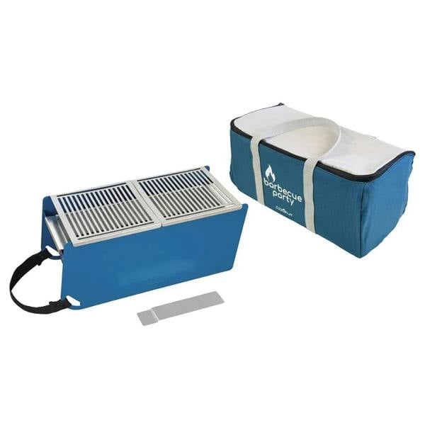 Blue Barbecue Party Yaki tabletop grill next to its insulated white and blue travel bag.