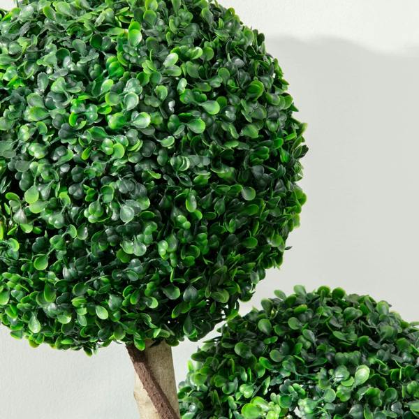 Close-up of dark green artificial boxwood ball foliage with glossy leaves