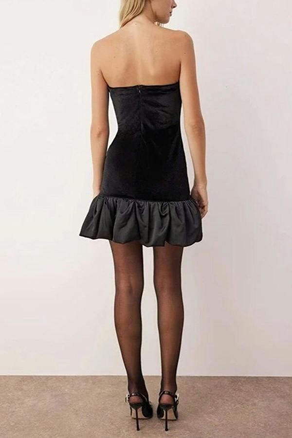 WOVCOR Velvet Strapless Dress with Satin Balloon Skirt Detail