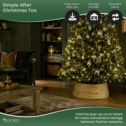 Pop Up Hessian Christmas Tree Skirt in Natural Colour Hessian, Sprung Steel Pop-Up Design, Fits 1.5–2.1m Trees, 56cm x 25cm
