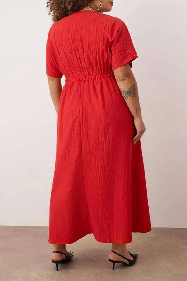 WOVCOR V-Neck Short Sleeve Textured Fabric Woven Maxi Plus Size Dress