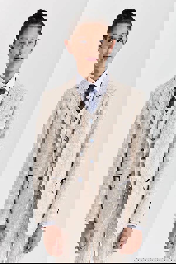 Paul Andrew Regent - Boys Cream 3 Piece Prince Of Wales Checked Suit