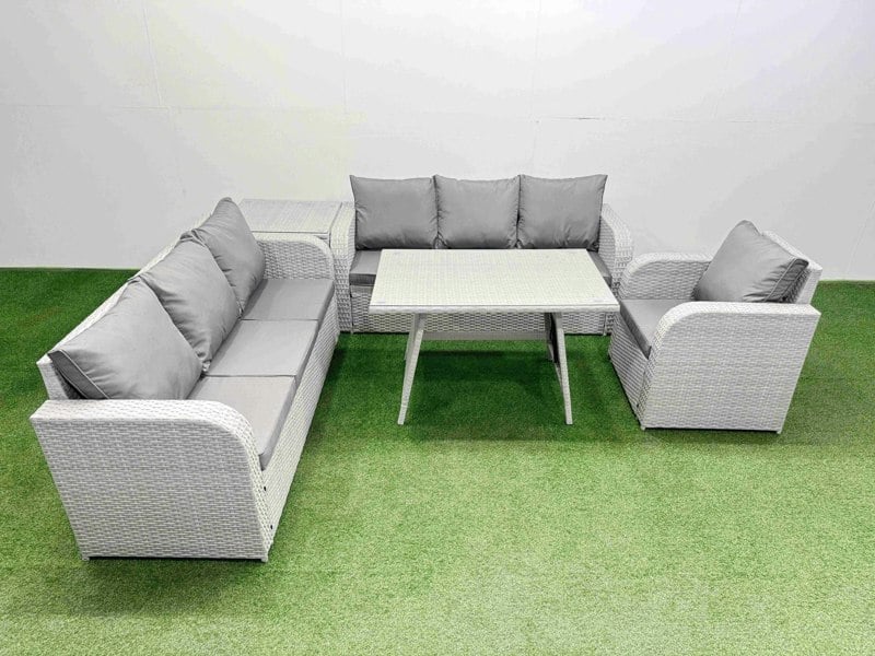 Fimous 5 Pieces Outdoor PE Rattan Garden Furniture with Cushions Reclining Chair Side Table Light Grey