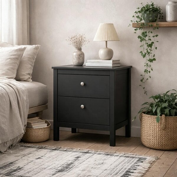 Wyld Haus Gossmere Black Wooden Bedside Table 2 Drawers Silver Handles