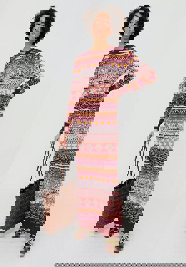 Raffya Elvis Longline Folk Jacquard Maxi Dress In Multi