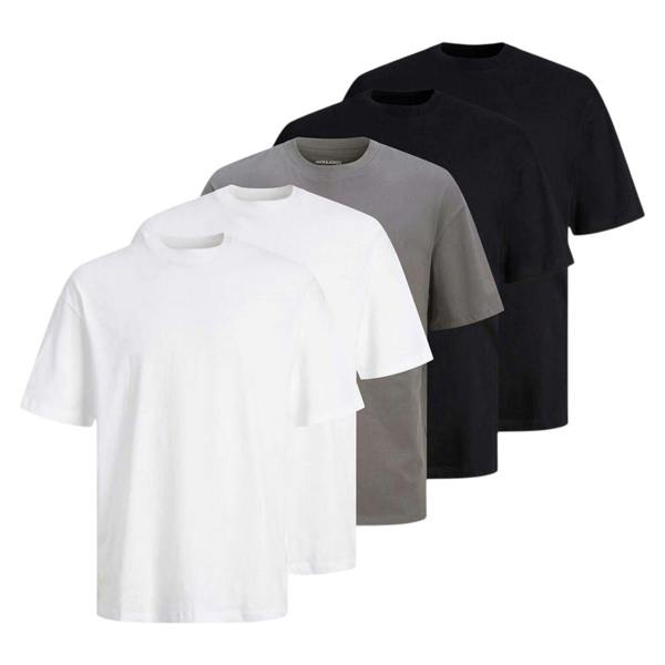 Jack And Jones Mens Loose Fit T-Shirt (Pack of 5) - White/Grey/Black - 