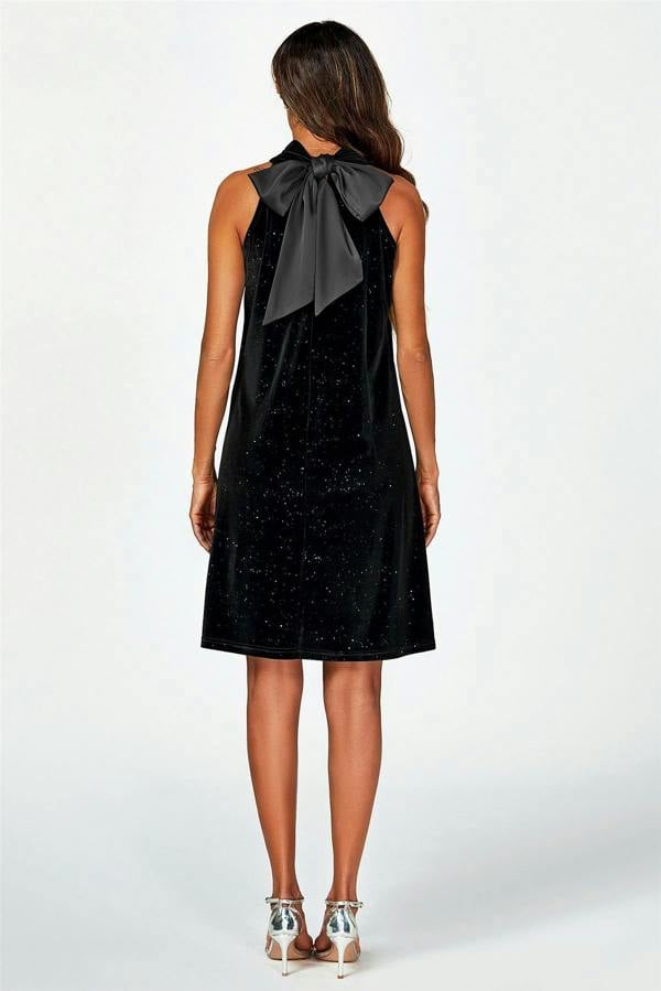 FS Collection Silver Foil Velvet Halter Neck Tie Back Mini Dress In Black