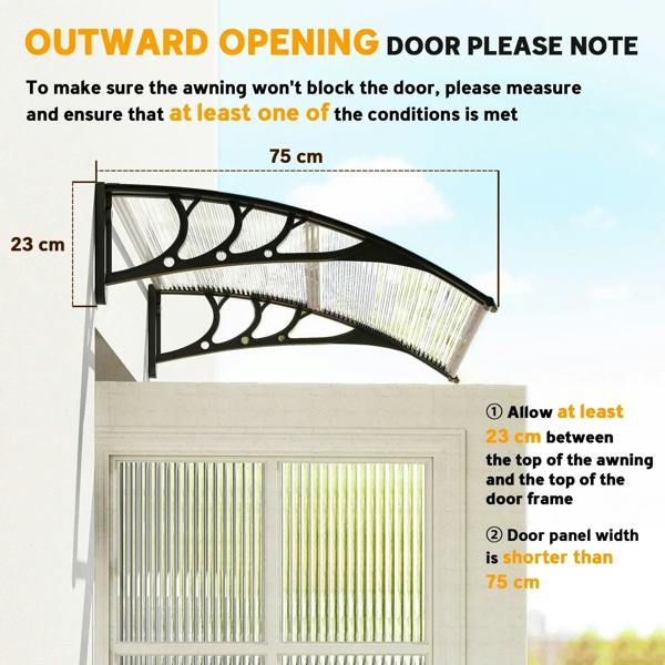 Front door canopy awning with curved clear panel and measured door clearance