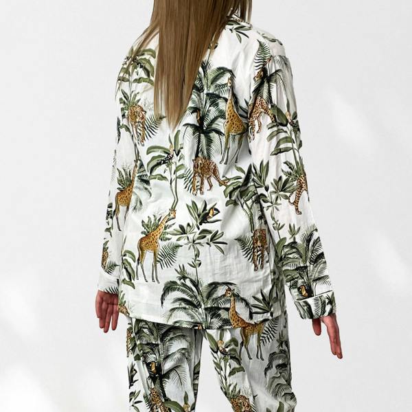Hayley & Co Giraffe Print 100% Cotton Long Pyjama Set in White