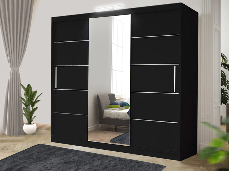 RAC3 Stylish Bedroom Sliding Wardrobe with LED Light -  comes in White/Grey/Black/Oak and Width 120cm/150cm/180cm/203cm/250cm (Black, 150cm)