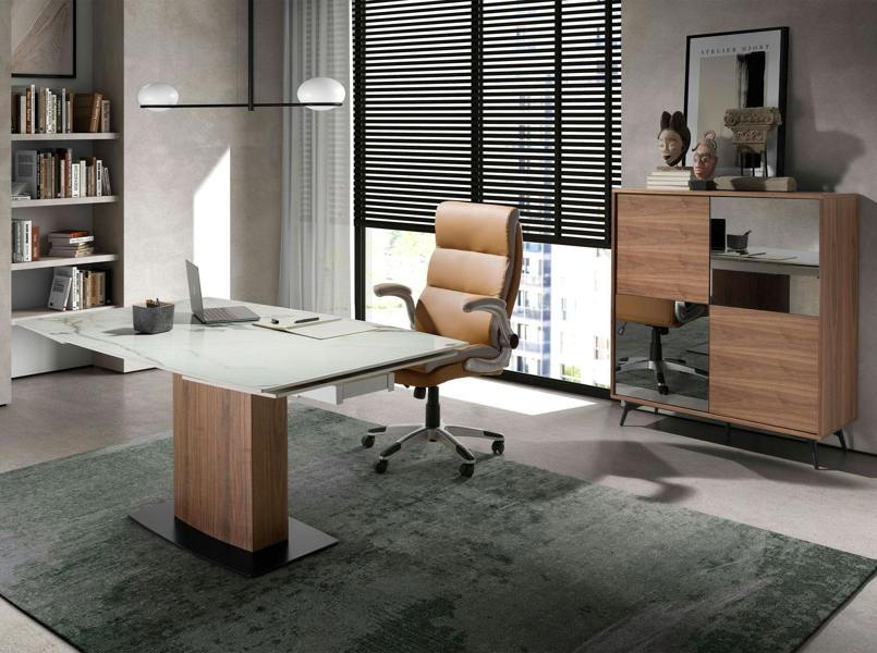 Angel Cerdá Oval Barrel porcelain marble and walnut extending dining table 1133