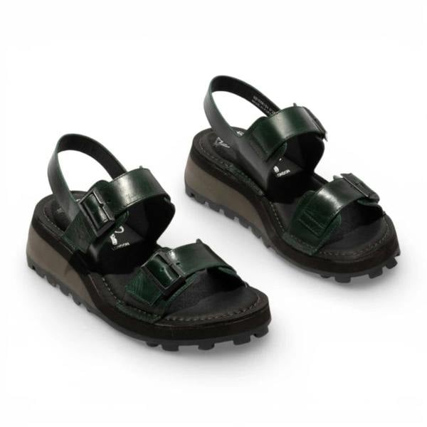Fly London HEIF558FLY - Women’s Green Leather Wedge Buckle Sandals
