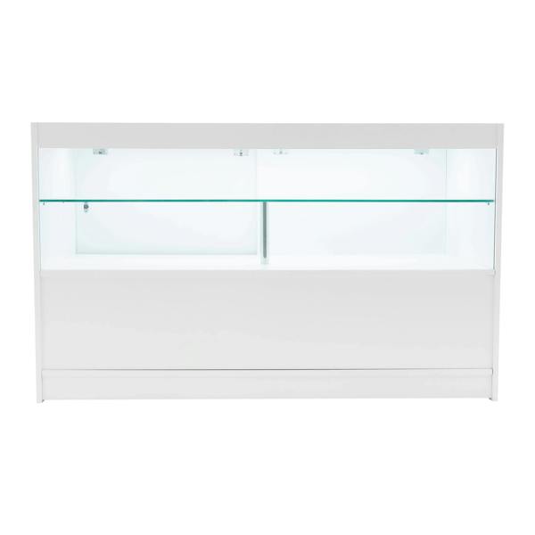 Sleek white LED retail shop counter C1500 with glass display shelves, modern design, perfect for showcasing products in stores