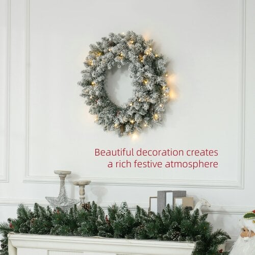 HOMCOM 60cm Flocked Christmas Wreath with Lights Pine Cones Berries Green