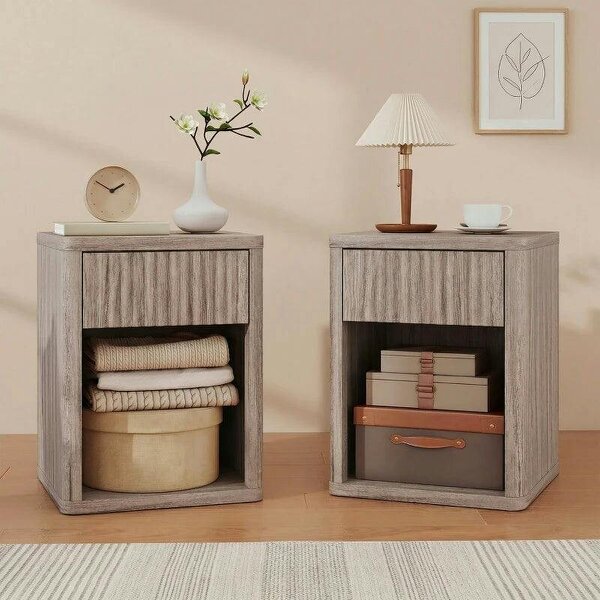 Modern Bedside Table Set of 2, Bedside Cabinet with Drawer and Open Shelf, Side End Table, Nightstand for Bedroom, Oak