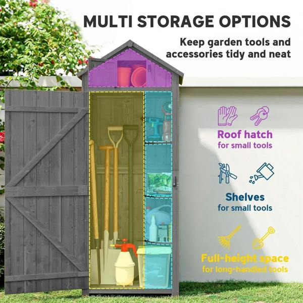 Grey wooden storage shed cutaway with roof hatch opening and multiple shelves
