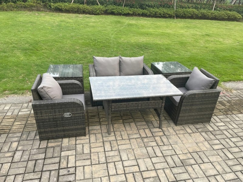 Fimous Outdoor Rattan Garden Furniture Lounge Sofa Set With Oblong Rectangular Dining Table 2 PC Reclining Chair 2 PC Side Tables