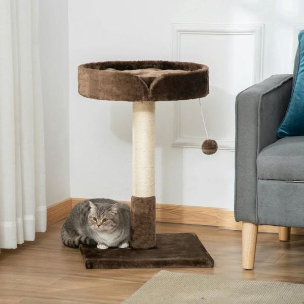 Brown cat tree with round top bed, tall scratching post, flat base, and hanging ball toy