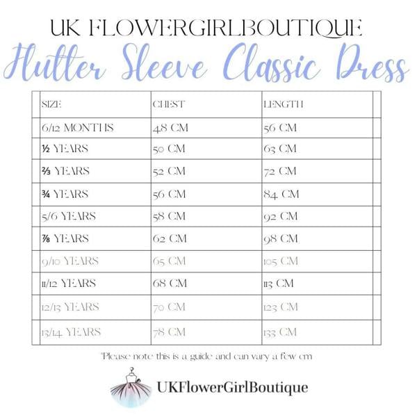 Size chart for a Flutter Sleeve Classic Dress by UK Flower Girl Boutique