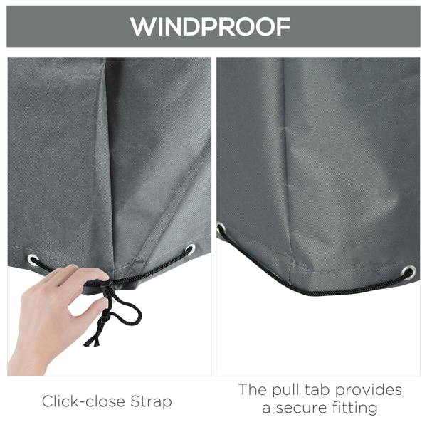 Grey protective cover with cinch pull strap at hem for snug fit