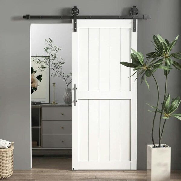 183cm Sliding Barn Door Kit, Sliding Door with Track, Hardware, Upgraded Rollers and Floor Guide, Handle, White - White
