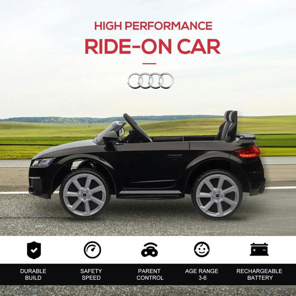 Black Audi TT RS ride-on car side profile with red tail lights