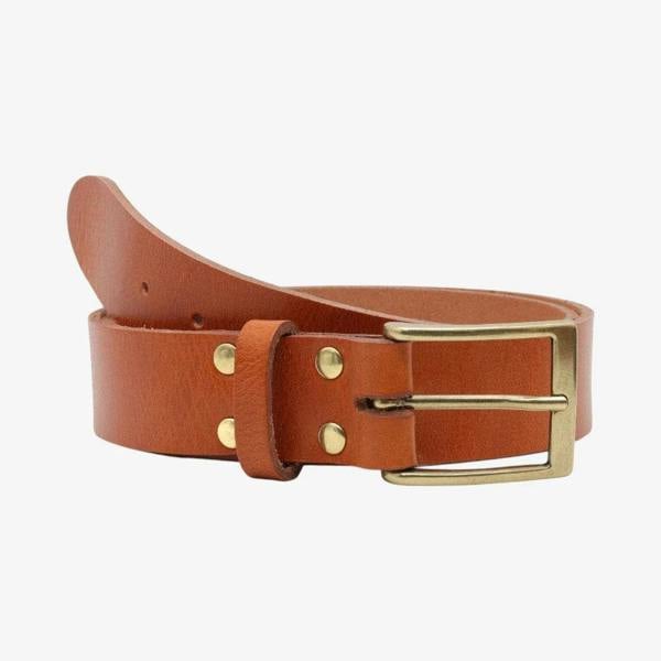 Brandy leather belt with gold buckle on a white background