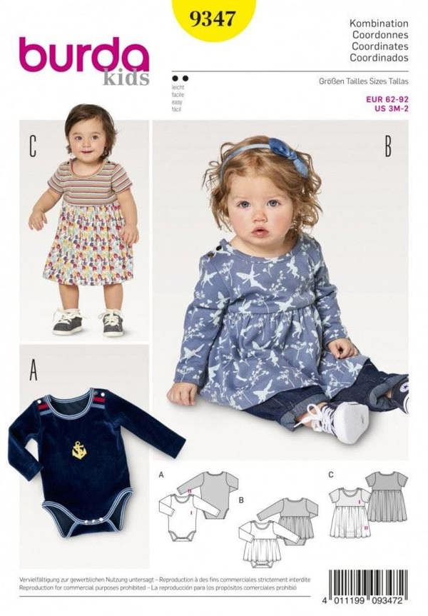 Burda Sewing Pattern 9347 Dresses and Onesies For Babies and Kids, 3 Months - 2 Years - Easy
