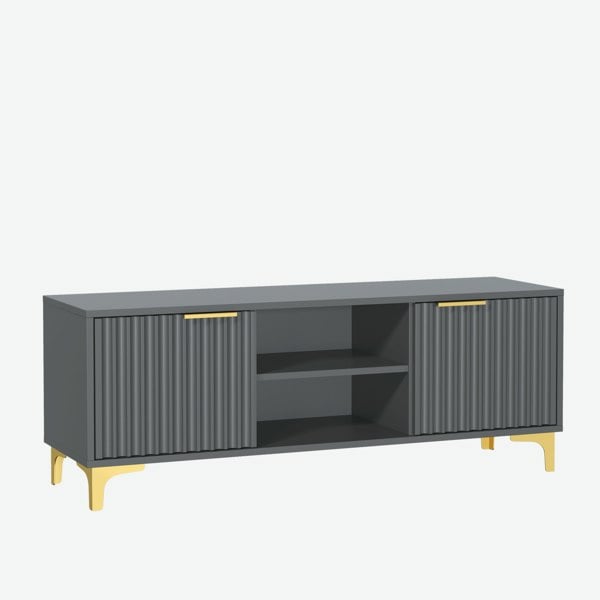 Mex Furniture 120cm TV Unit with Ribbed Fronts and Gold Accents - Bold Grey