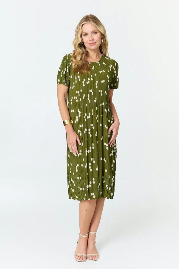 Sage | Spotty Print Pleated Texture Midi Dress