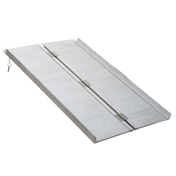 Silver aluminum folding wheelchair ramp with hinged center sections and side support hooks