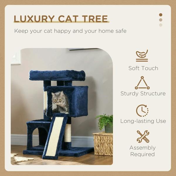 Navy blue cat activity tree with multiple perches and enclosed plush condos