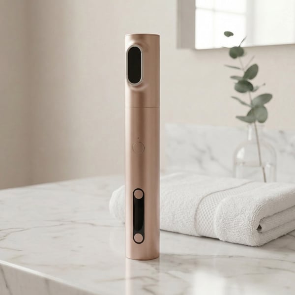 Innocera Platinum handheld skincare device displayed upright on a marble bathroom counter beside folded white towels.