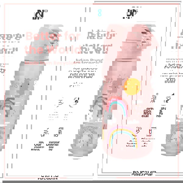 A pink water bottle, featuring a rainbow design, sits against a white background. It is made from Recyclon™, a food-grade, carbon-neutral plant-based polymer; BPA free, odour resistant, and dishwasher safe.