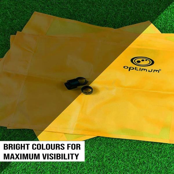 Yellow Optimum corner flags with black logo on grass, Bright Colours for Maximum Visibility text - Optimum