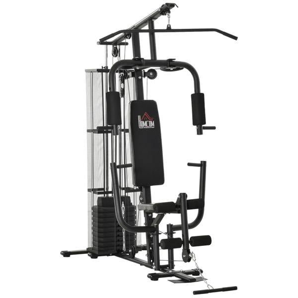 Black multifunction home gym weight training station with cable attachments and pulleys