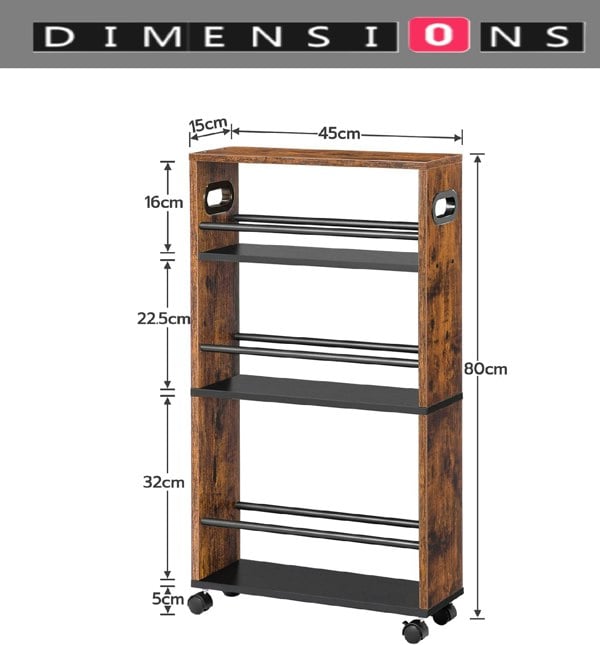 Modcraft Slim 4-Tier Rolling Kitchen Trolley with Lockable Wheels – Narrow Utility Cart for Small Spaces