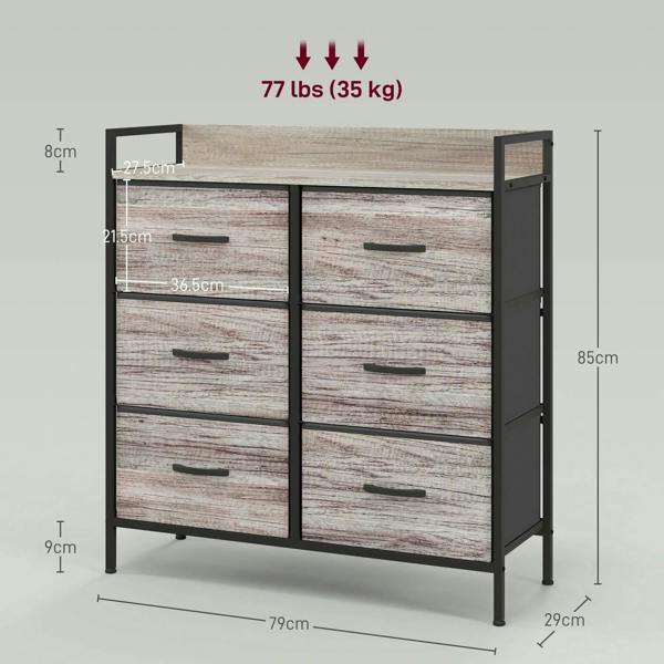 Grey wood-effect fabric drawer chest on metal legs with six drawer fronts, size view