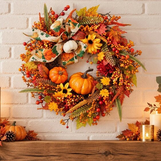 Neo Autumn Wreath Door Pumpkins Berries Sunflowers
