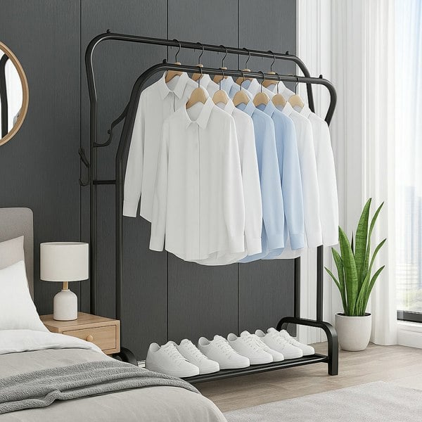 Modcraft Heavy Duty Metal Double Rail Clothes Rack – Freestanding Garment Stand with Shelf